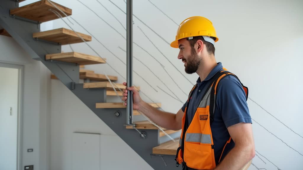 Technicien professionnel en train de mesurer un escalier pour une installation de monte-escalier à Duclair