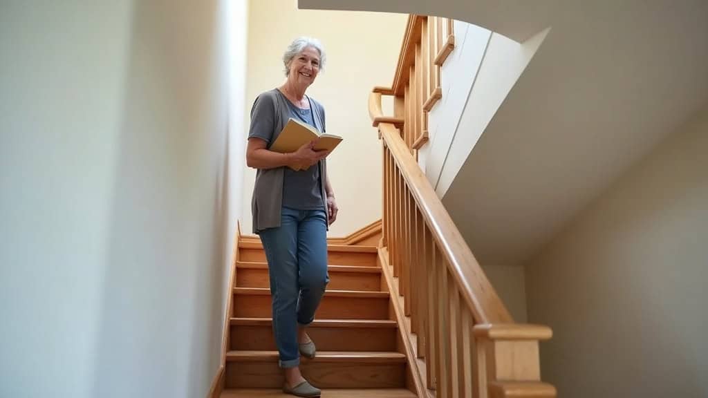 Personne âgée utilisant un monte-escalier tournant dans une maison de Dun-le-Palestel, souriante, avec un livre à la main, en train de monter vers l