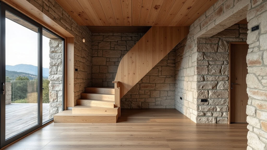 Monte-escalier courbe en acier inoxydable installé dans une maison traditionnelle de Dun-sur-Auron, avec escalier en bois et murs en pierre