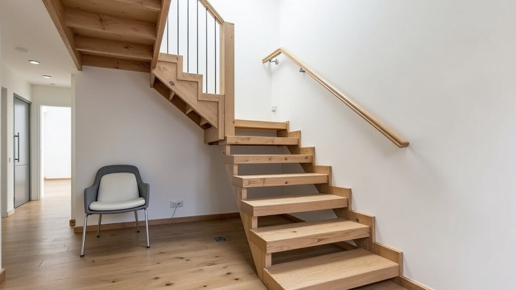 Monte-escalier droit installé sur un escalier en bois dans une maison de Duneau, avec siège en gris clair et rail discret