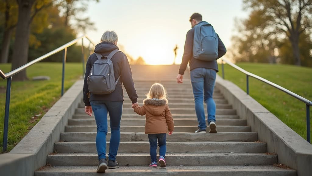 Personne âgée utilisant un monte-escalier à Duneau, accompagnée par un petit-enfant souriant au pied des marches