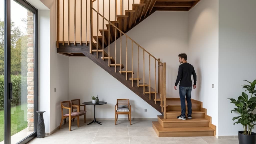 Monte-escalier droit installé dans une maison traditionnelle à Dunières, avec un utilisateur en train d