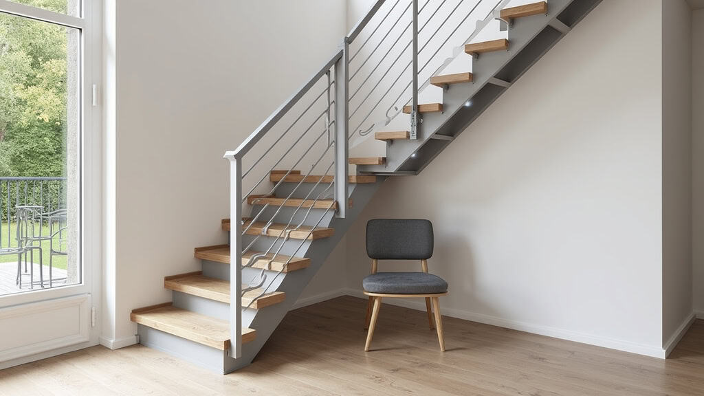 Monte-escalier droit installé dans une maison à Eaunes, avec rampe en aluminium et siège gris, adapté à un escalier en bois ancien