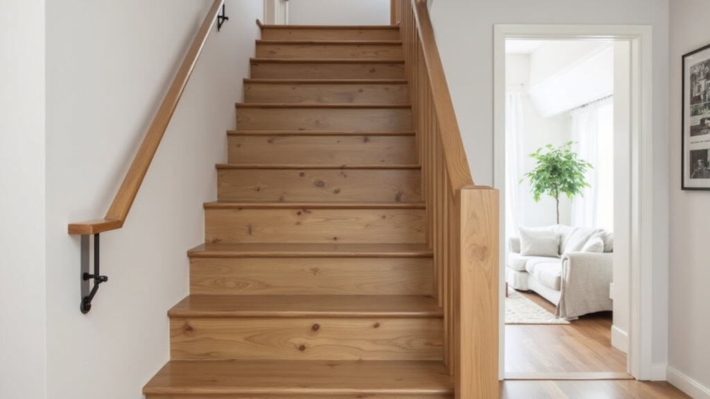 Monte-escalier droit installé sur un escalier en bois dans une maison traditionnelle à Effiat, avec un siège blanc discret et un rail finement fixé sur les marches.