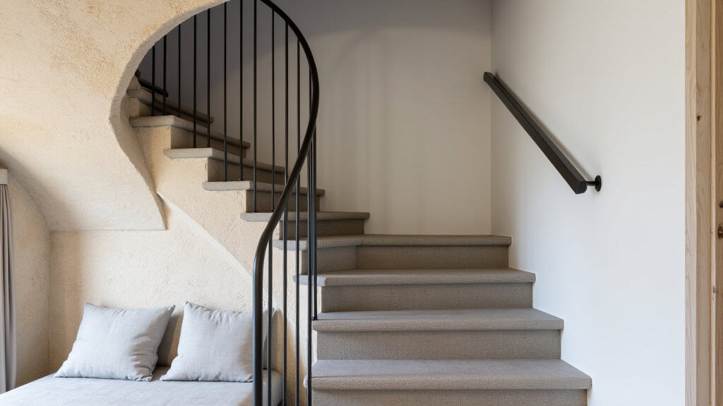 Monte-escalier courbe installé sur un escalier avec virage en pierre, dans une maison de style traditionnel à Effiat. Le rail est discret, le siège en tissu gris, intégré harmonieusement dans l