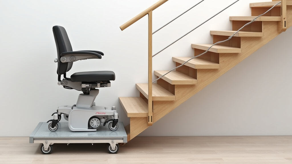 Plateforme monte-escalier transportant un fauteuil roulant sur un escalier droit en bois, à Effiat. Le système est sécurisé avec des barrières latérales et un mécanisme silencieux.