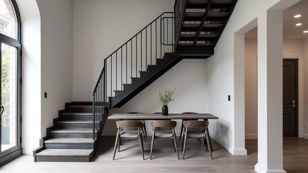 Monte-escalier droit en acier noir et siège gris dans une maison traditionnelle d
