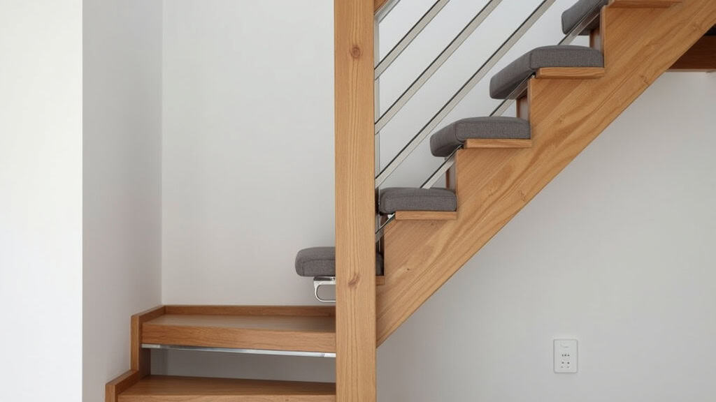 Monte-escalier droit installé sur un escalier en bois dans une maison à Émerainville, avec un siège en tissu gris et rails en aluminium