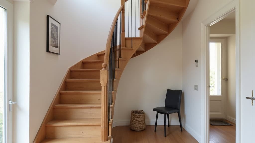 Monte-escalier courbe installé sur un escalier en bois tournant dans une maison de style ancien à Émerainville, avec rails personnalisés et siège ergonomique