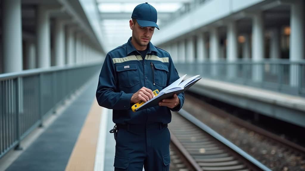 Technicien en uniforme en train d’inspecter les rails et le moteur d’un monte-escalier à Émerainville, avec un outil de mesure et un carnet de contrôle