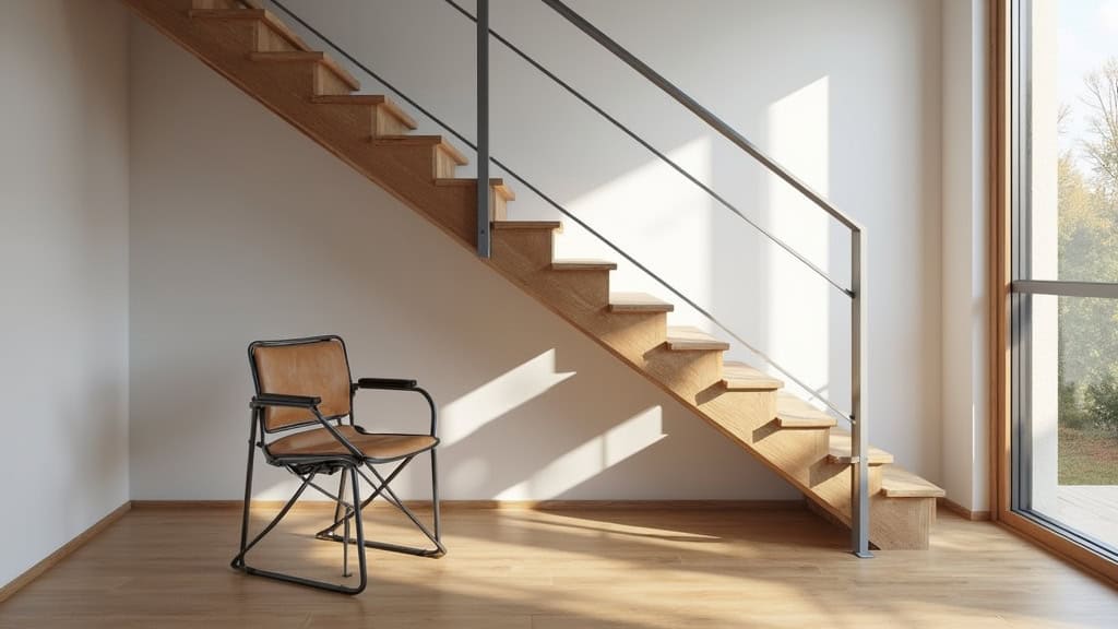 Monte-escalier en acier et aluminium installé sur un escalier en bois dans une maison traditionnelle de Champlitte, avec siège pliable et télécommande posée sur la rampe