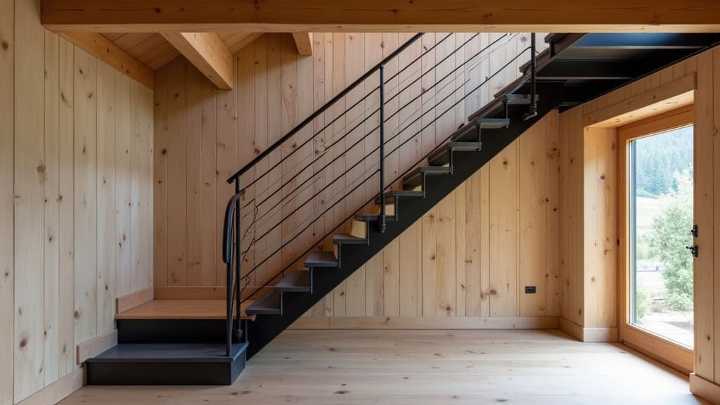 Monte-escalier en acier noir installé dans un escalier intérieur en bois massif, dans une maison typique de Bussière-Dunoise