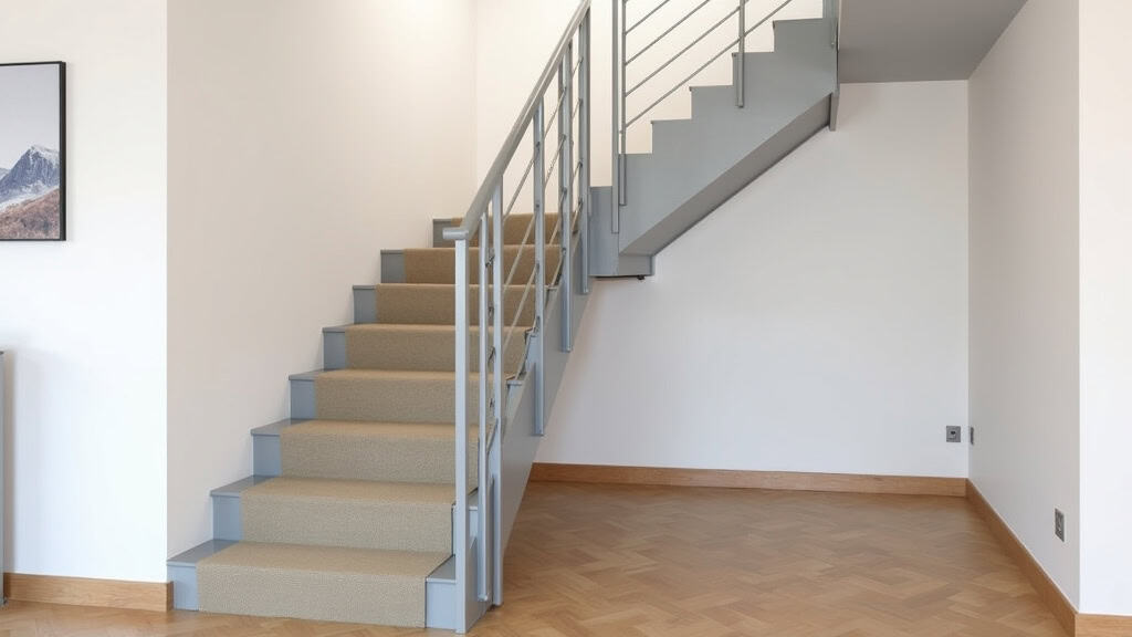 Monte-escalier en aluminium gris avec siège en tissu beige intégré sur un escalier tournant dans une maison traditionnelle à Boucau, avec parquet et murs blancs