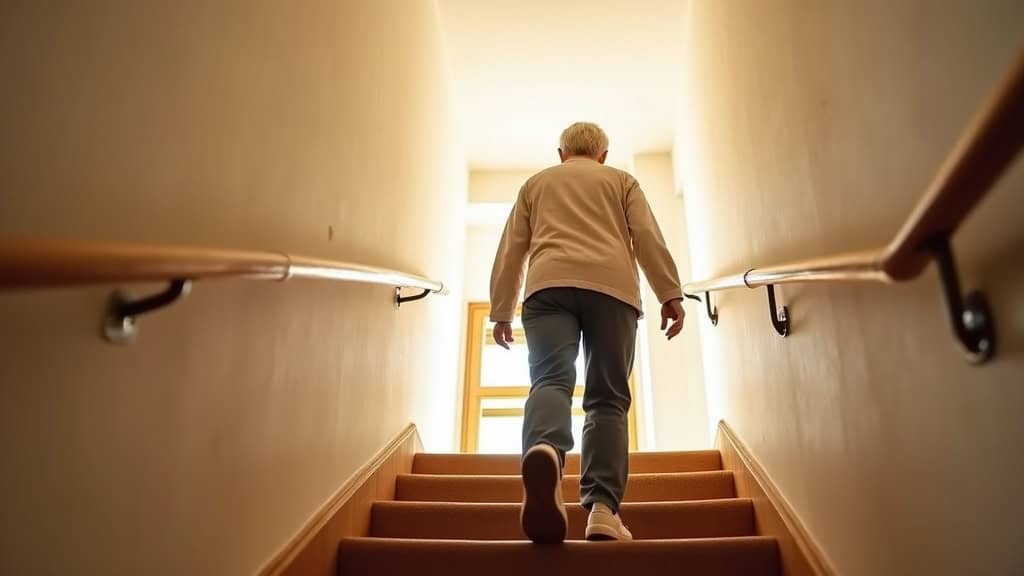 Monte-escalier en marche dans un intérieur typique de Billom, avec personne âgée en train de monter en toute sécurité, fond chaleureux et lumière naturelle