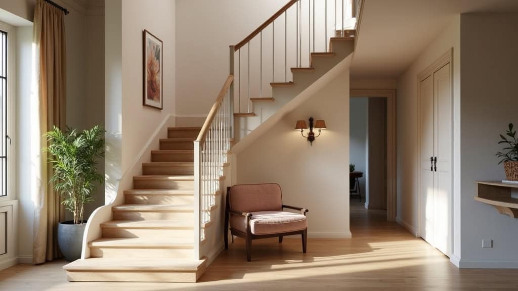 Monte-escalier en siège intégré dans un intérieur chaleureux de maison à Berric, avec boiseries et lumière naturelle