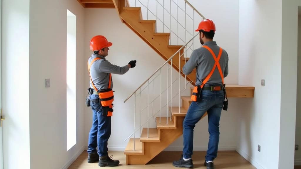 Techniciens installant un monte-escalier droit dans une maison à Entrelacs avec escalier en bois