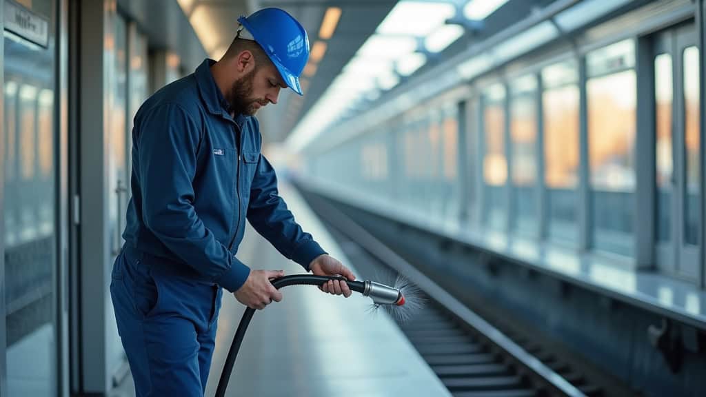 Technicien nettoyant le rail d