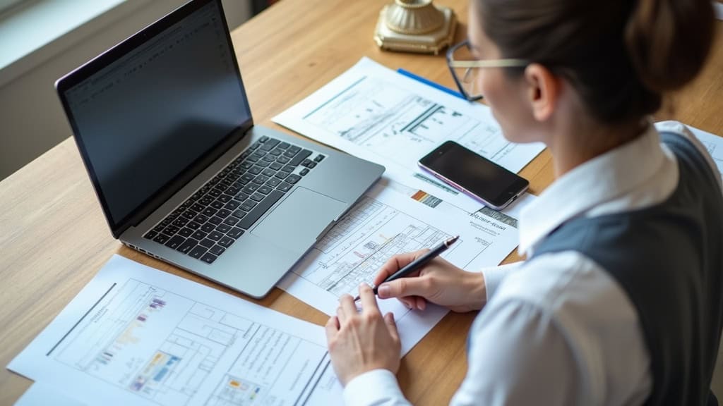 Personne en train de comparer deux devis de monte-escalier sur une table avec des documents et un ordinateur