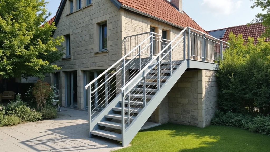 Monte-escalier extérieur en aluminium installé sur un perron en pierre à Erdeven, avec une personne âgée en train d