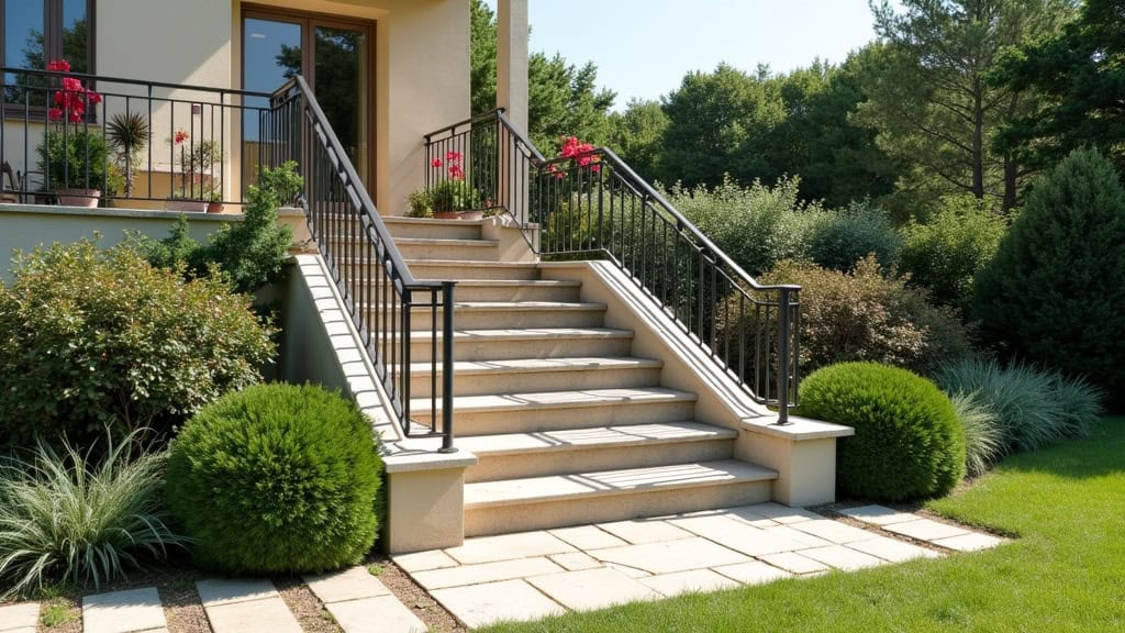Monte-escalier extérieur installé sur un escalier en pierre menant au jardin d