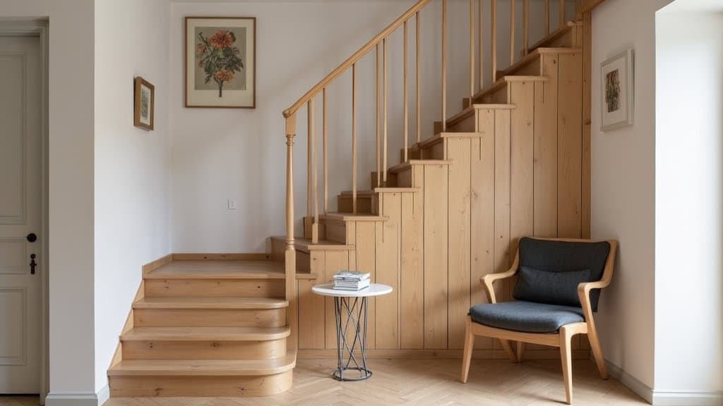 Fauteuil monte-escalier en bois clair installé sur un escalier en chêne dans une maison alsacienne à Eschentzwiller, intégré discrètement dans le décor traditionnel