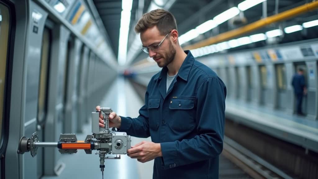 Technicien en train de vérifier les rails et les capteurs d