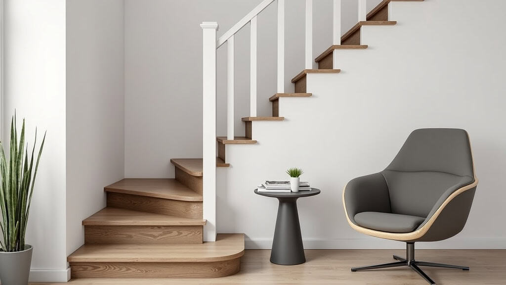 Monte-escalier droit installé sur un escalier intérieur en bois à Esvres, avec fauteuil en gris et rail blanc