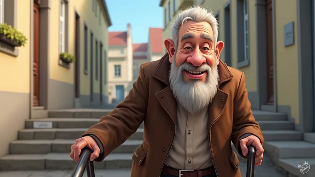 Monsieur Renard, 78 ans, souriant, assis sur son monte-escalier à L