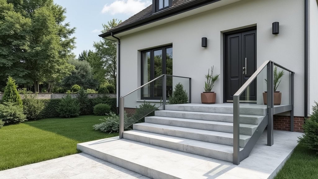 Monte-escalier extérieur en acier inoxydable installé devant une entrée de maison à Chanonat