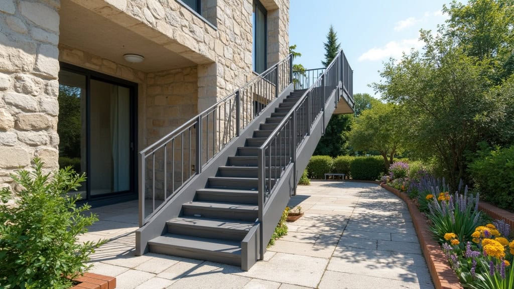 Monte-escalier extérieur en acier inoxydable installé sur un perron en pierre à Auvers-sur-Oise