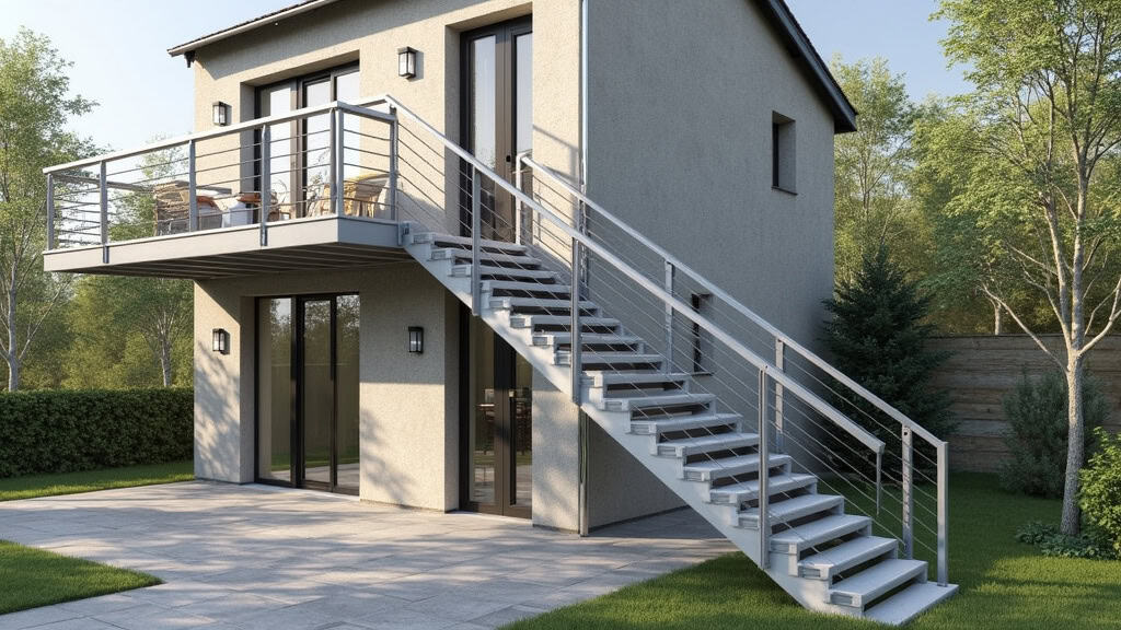 Monte-escalier extérieur en acier inoxydable installé sur un perron en pierre à Maulette, avec capteurs de sécurité visibles