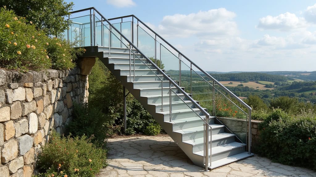 Monte-escalier extérieur en acier inoxydable installé sur un perron en pierre à Saint-Laurent-Médoc