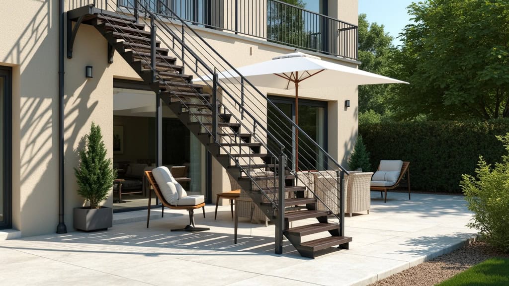 Monte-escalier extérieur en acier inoxydable installé sur une terrasse en pierre à Albi, avec un siège étanche et une housse de protection