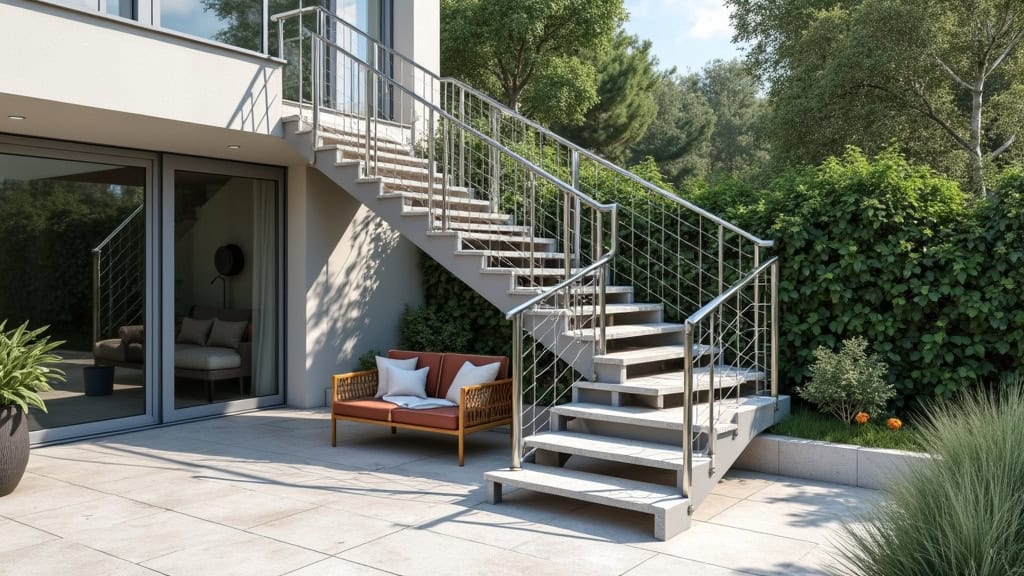 Monte-escalier extérieur en acier inoxydable installé sur une terrasse en pierre à Aureille