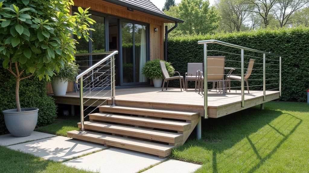 Monte-escalier extérieur en acier inoxydable menant à une terrasse en bois, avec rail vertical et siège pliable, dans un jardin fleuri à Saint-Germain-du-Corbéis