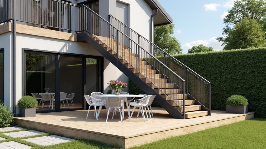 Monte-escalier extérieur en aluminium anodisé installé sur une terrasse en bois à Bantzenheim, avec vue sur jardin et protection anti-gel visible