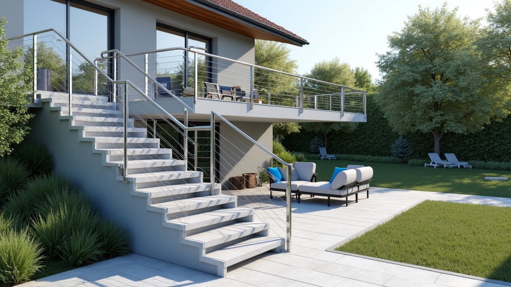 Monte-escalier extérieur en aluminium avec siège bleu, installé sur une volée de marches menant à une terrasse à Valserhône