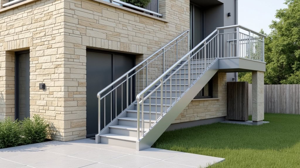 Monte-escalier extérieur en aluminium installé le long d’un mur en pierre à Beuzeville-la-Grenier, pour accéder à une entrée surélevée
