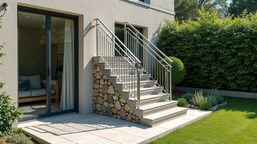 Monte-escalier extérieur en aluminium installé sur un petit escalier en pierre menant au jardin d