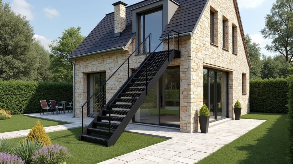 Monte-escalier extérieur en aluminium noir installé sur une entrée de maison en pierre à Candé-sur-Beuvron, avec une petite terrasse et un jardin en arrière-plan