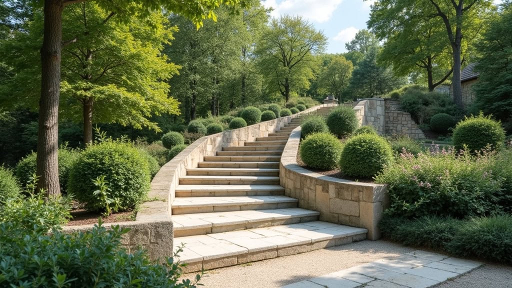 Monte escalier extérieur en fonctionnement dans un jardin à Jouy-sur-Morin