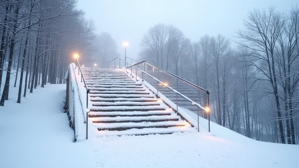 Monte-escalier extérieur en fonctionnement par temps de neige à La Ville-du-Bois