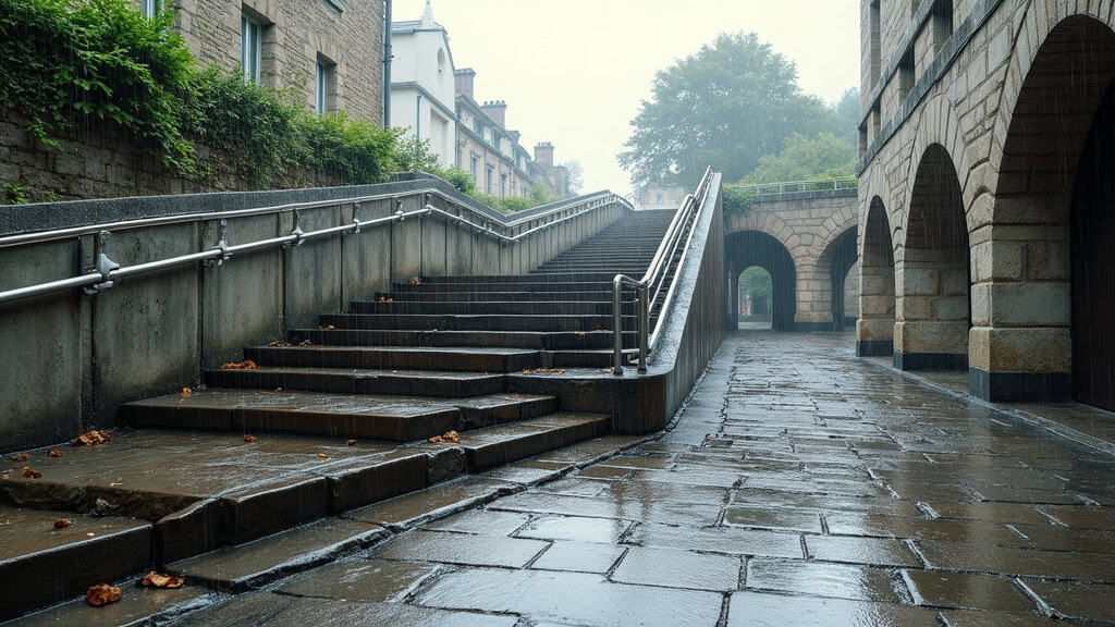 Monte-escalier extérieur en fonctionnement par temps de pluie à Saint-Genis-les-Ollières