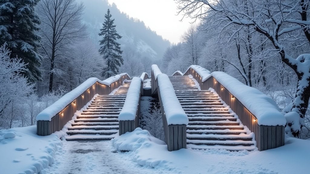 Monte-escalier extérieur en fonctionnement par temps froid, avec neige légère, à Villefranche-d’Albigeois