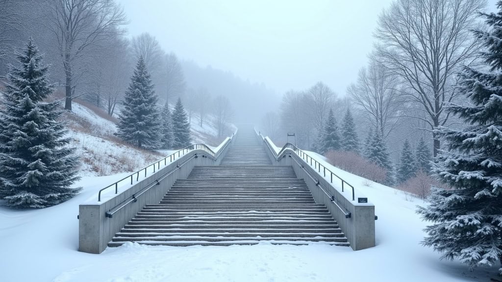 Monte-escalier extérieur en fonctionnement sous la neige à Menetou-Salon