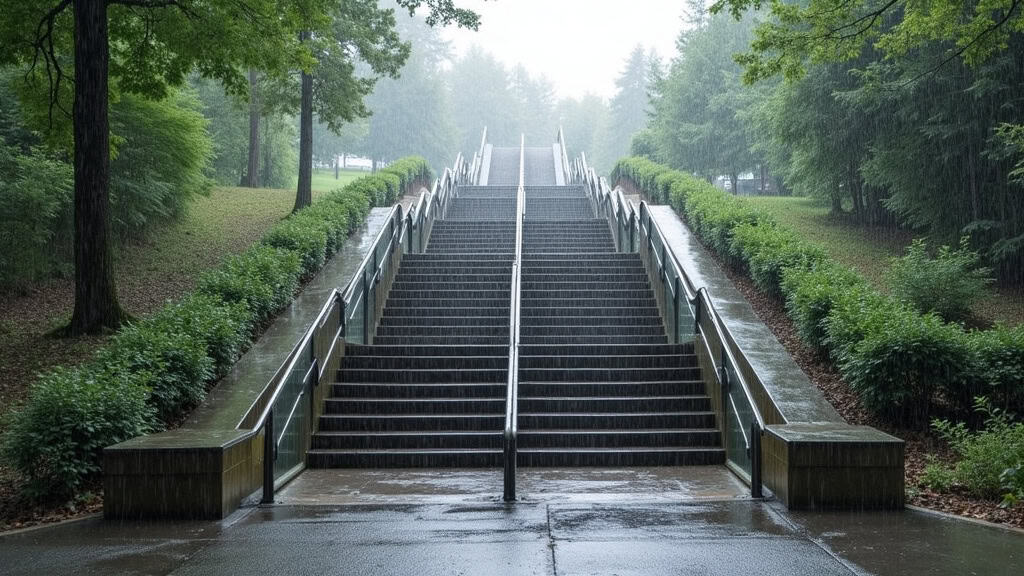 Monte-escalier extérieur en fonctionnement sous la pluie à Ribécourt-Dreslincourt