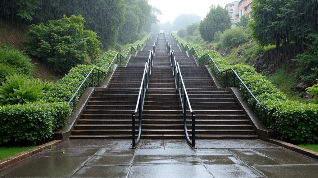 Monte-escalier extérieur en utilisation par temps de pluie à Saint-Martin-du-Frêne