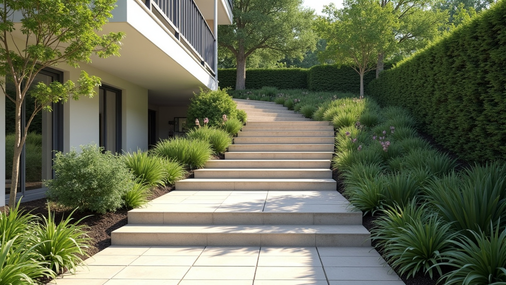 Monte-escalier extérieur en utilisation sur un escalier menant au jardin à Gréoux-les-Bains
