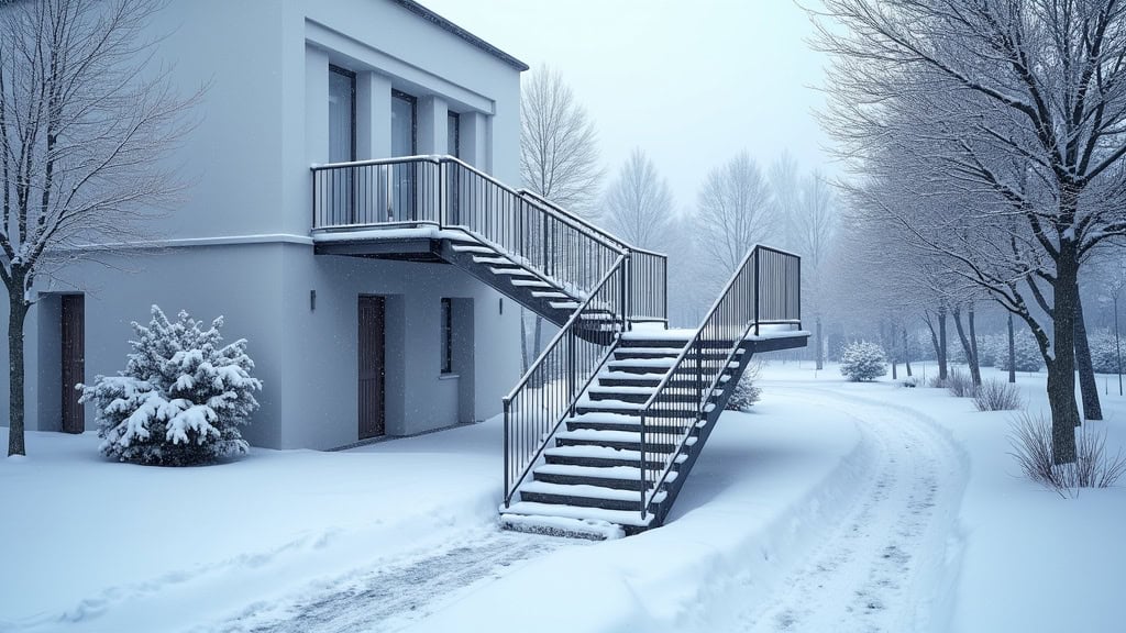 Monte-escalier extérieur fonctionnant sous la neige à Blavozy