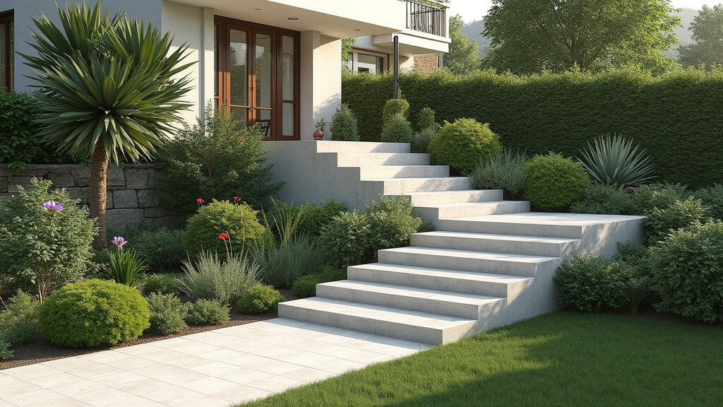 Monte escalier extérieur installé dans un jardin à Fermanville